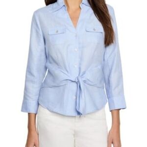 NIC+ZOE Iconic Tie Front Shirt in powder blue made from linen Size S